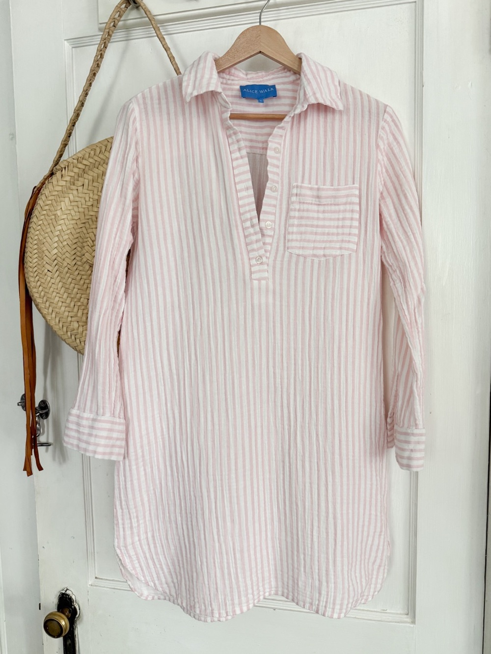 Alice Walk Light Blue Striped Gauzy Cotton Women's Shirt Dress Cover-Up